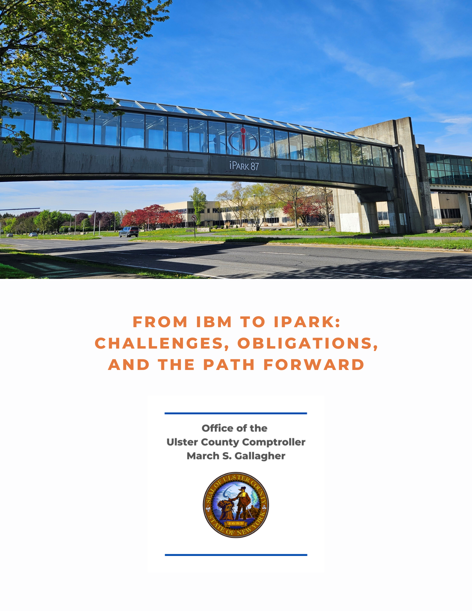 Report cover showing a glass walkway above the road at iPark with their logo.